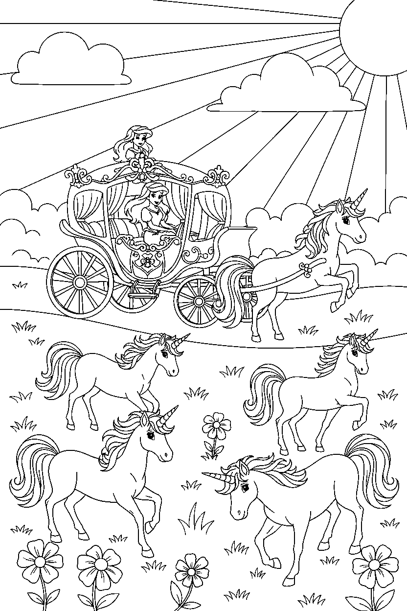 ariel princess riding in a carriage in a unicorn meadow line art