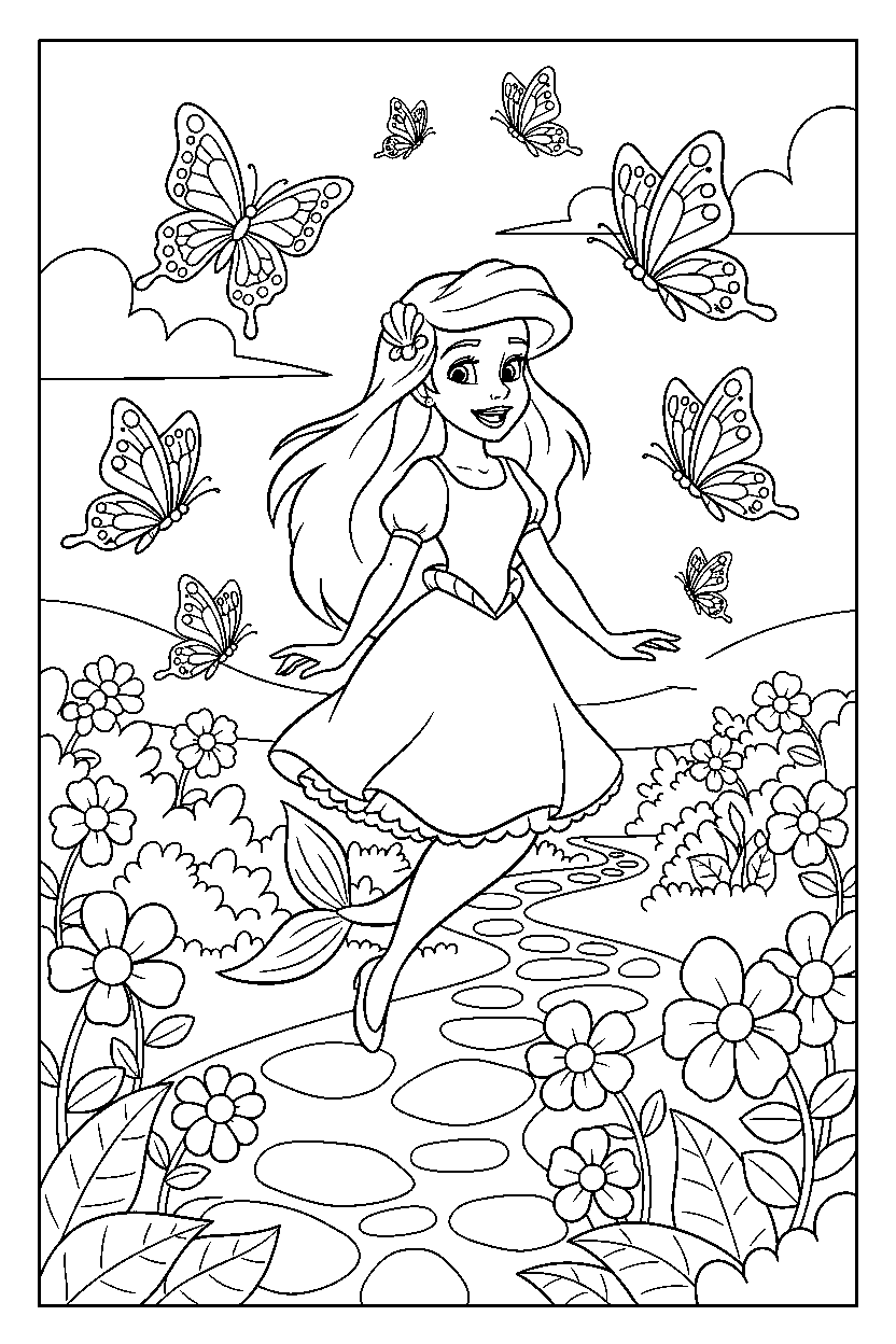 ariel princess walking happily in a butterfly garden line art