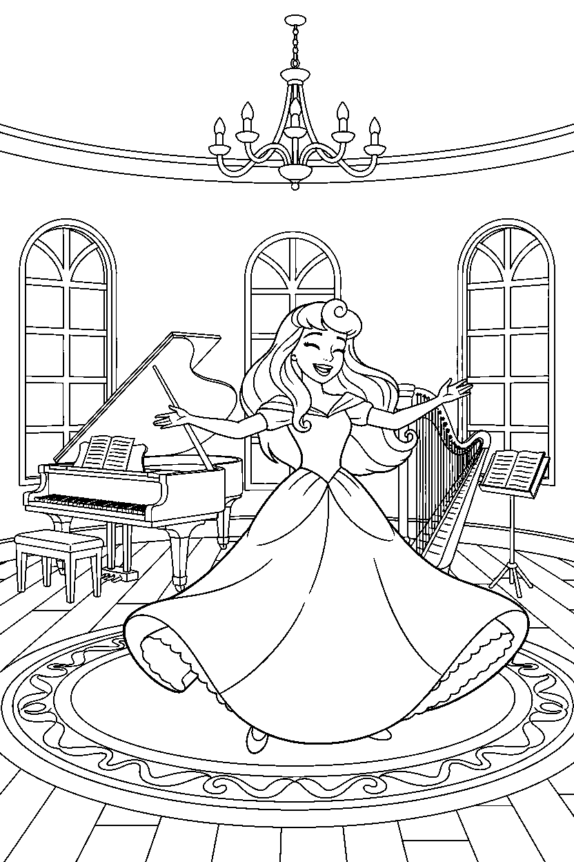 aurora princess dancing happily in a music room line art