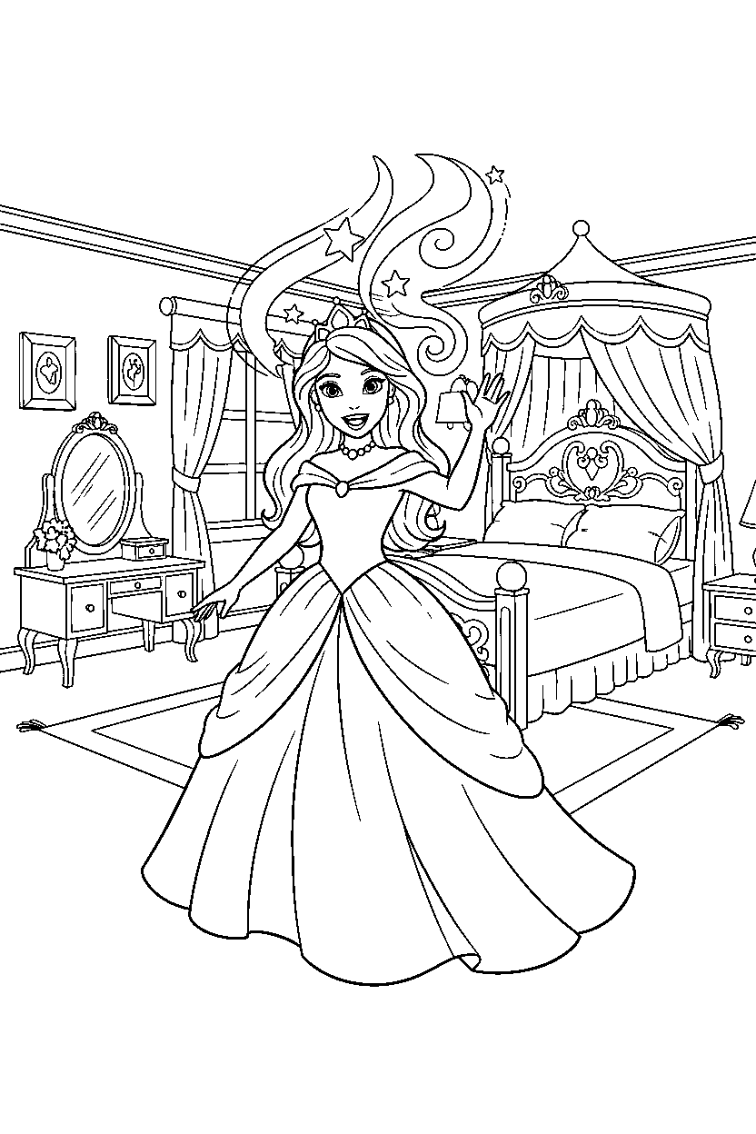 aurora princess greeting happily in a princess bedroom line art