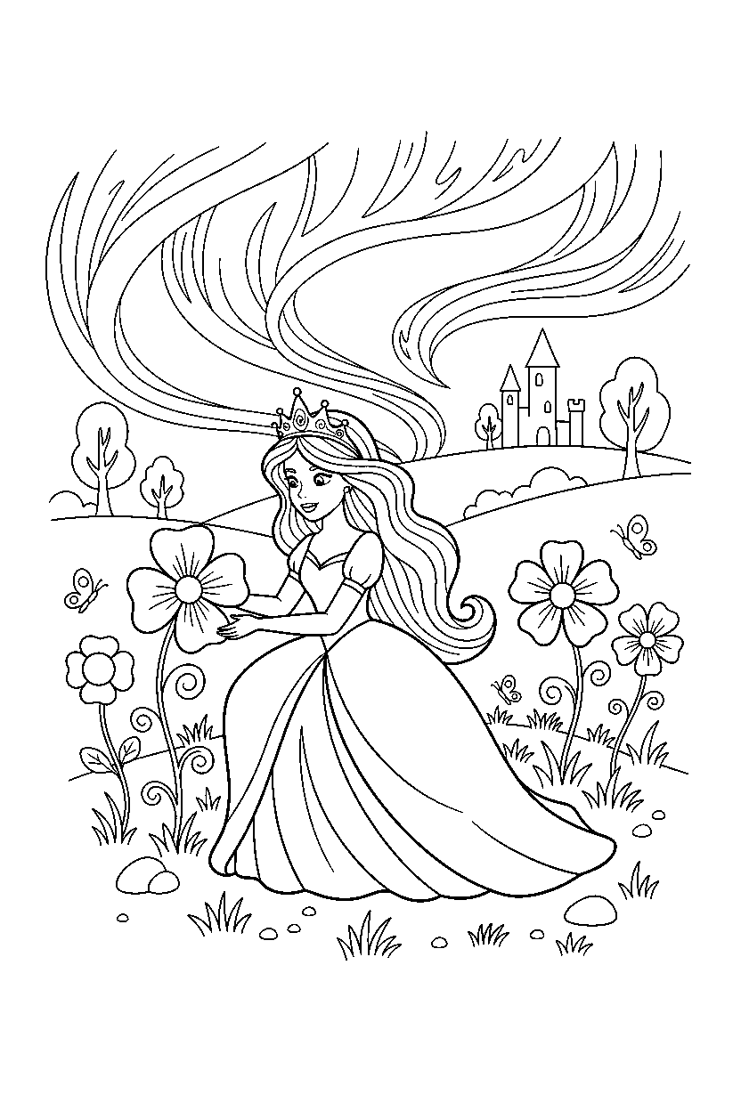 aurora princess picking a flower in a spring meadow line art