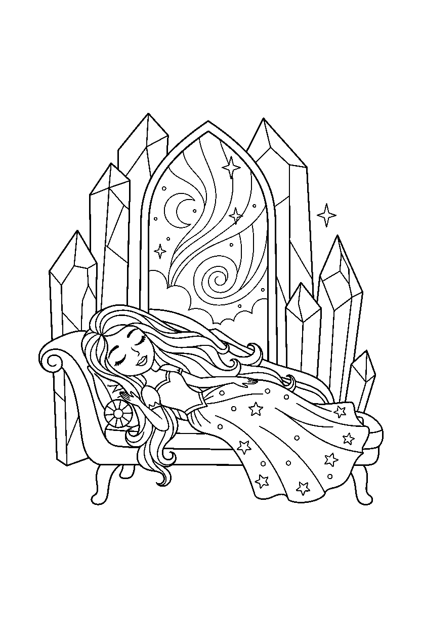 aurora princess relaxing peacefully in a crystal palace line art