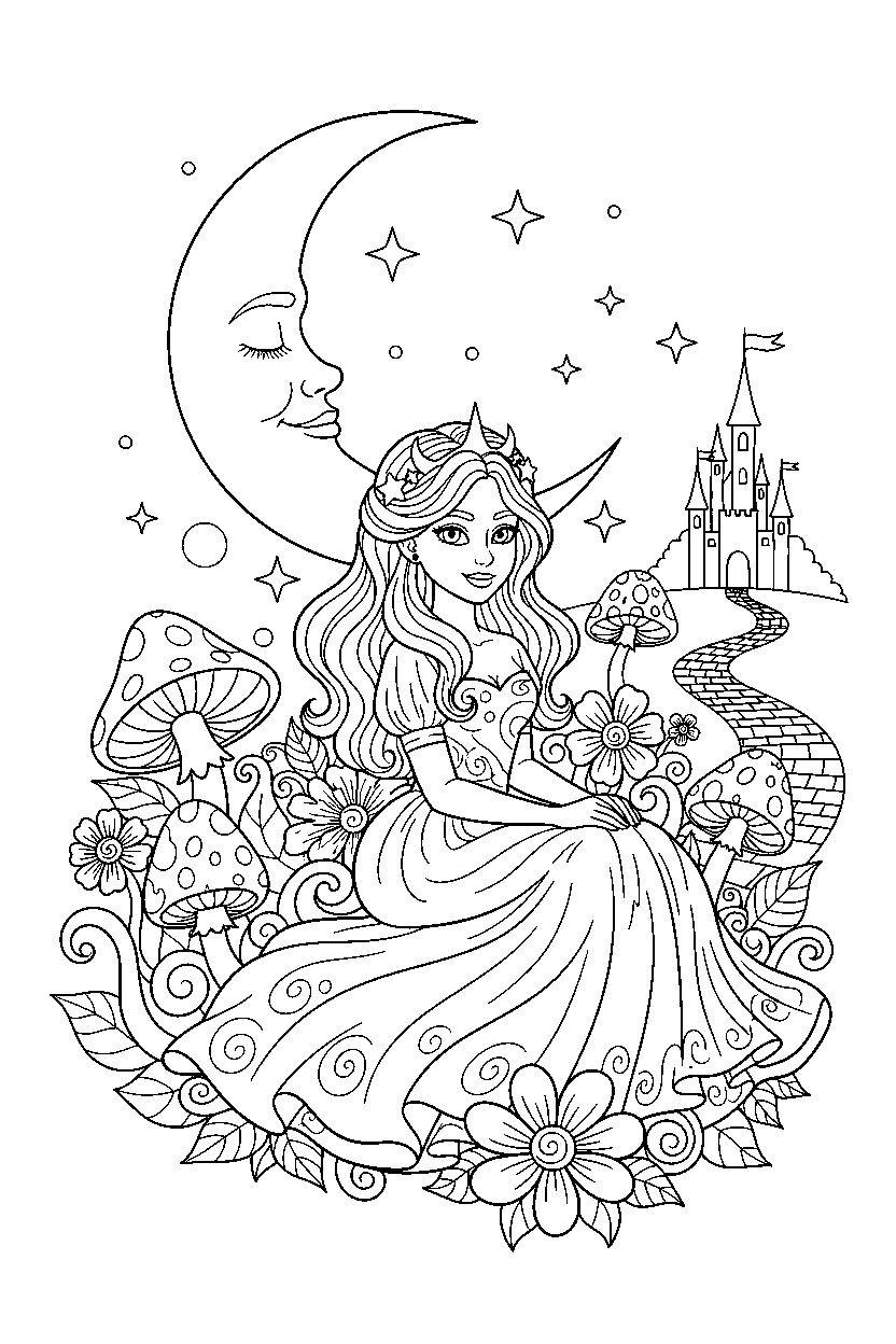 aurora princess sitting peacefully in a moonlit garden line art