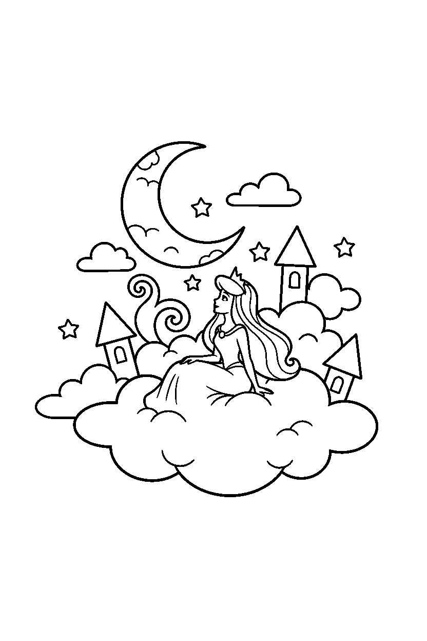 aurora princess watching the moon in a cloud kingdom line art