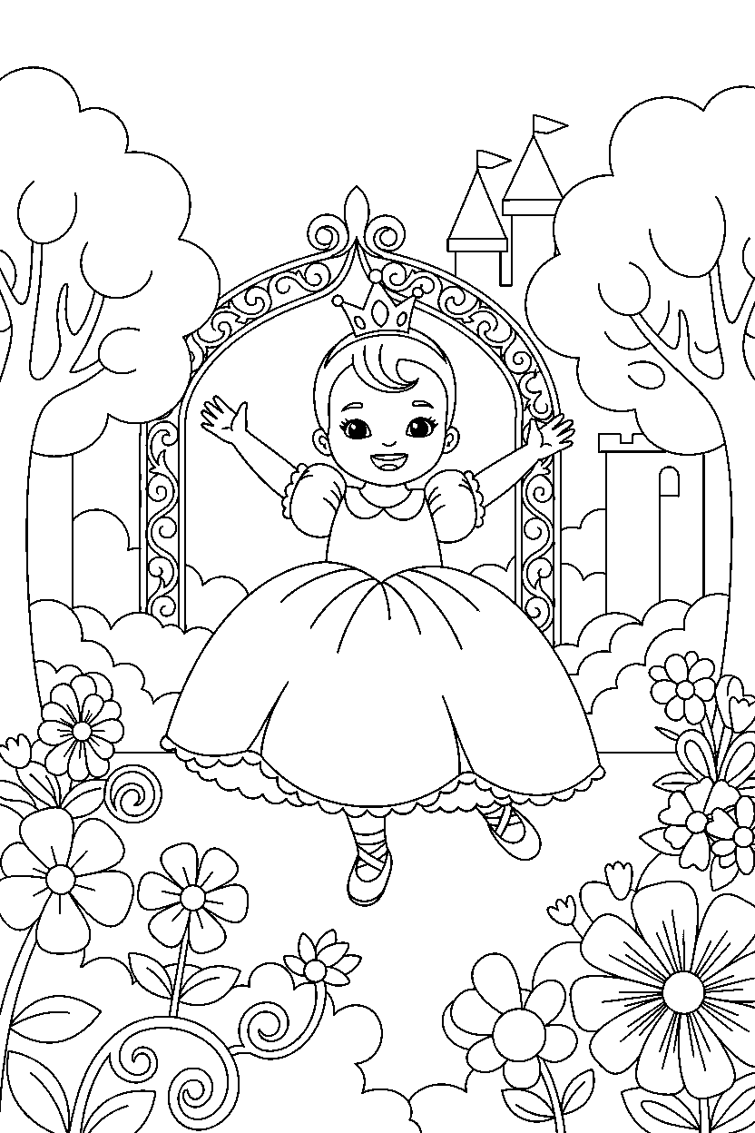 baby princess dancing happily in a secret royal garden line art