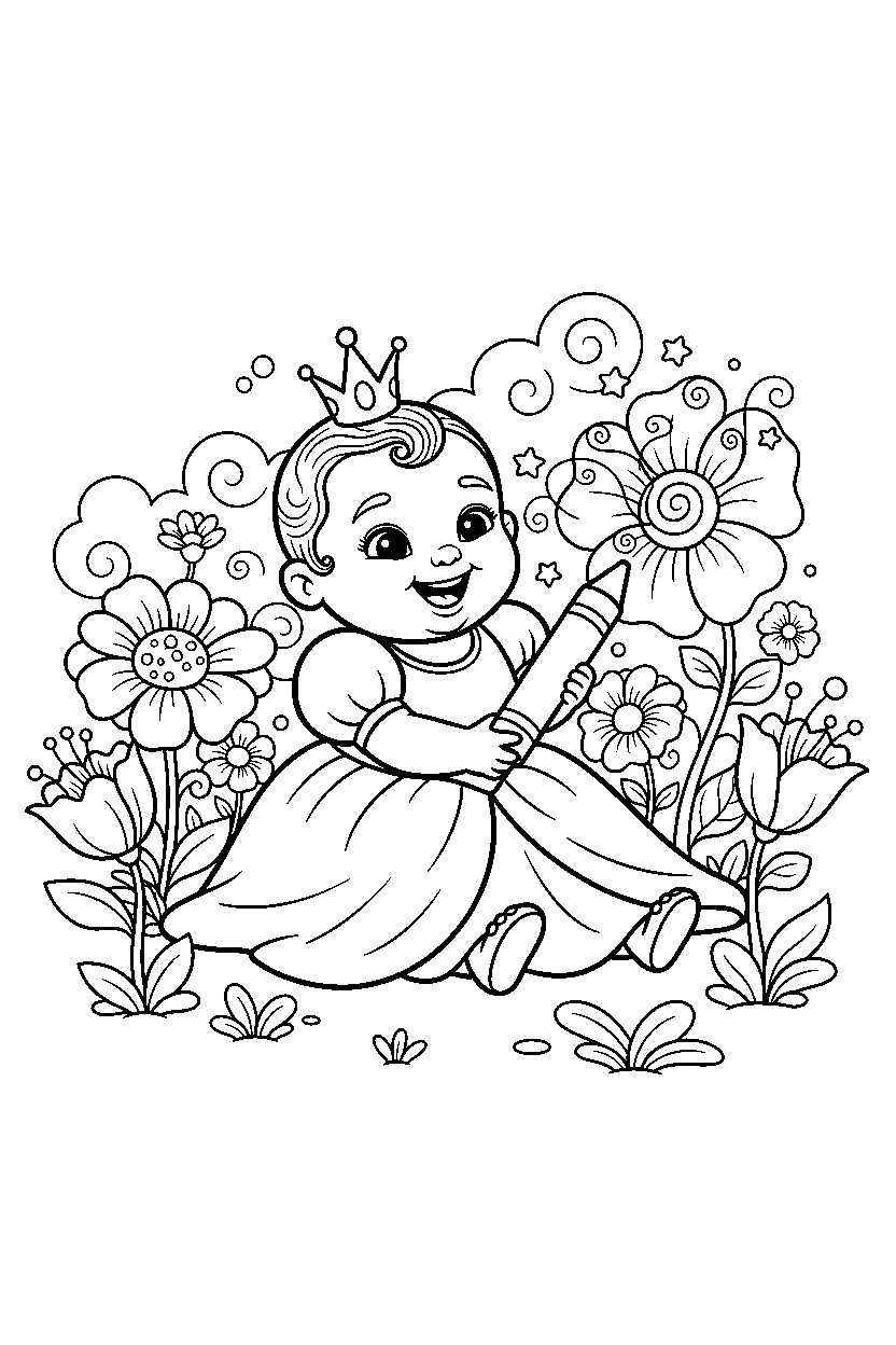 baby princess drawing happily in a magic flower field line art