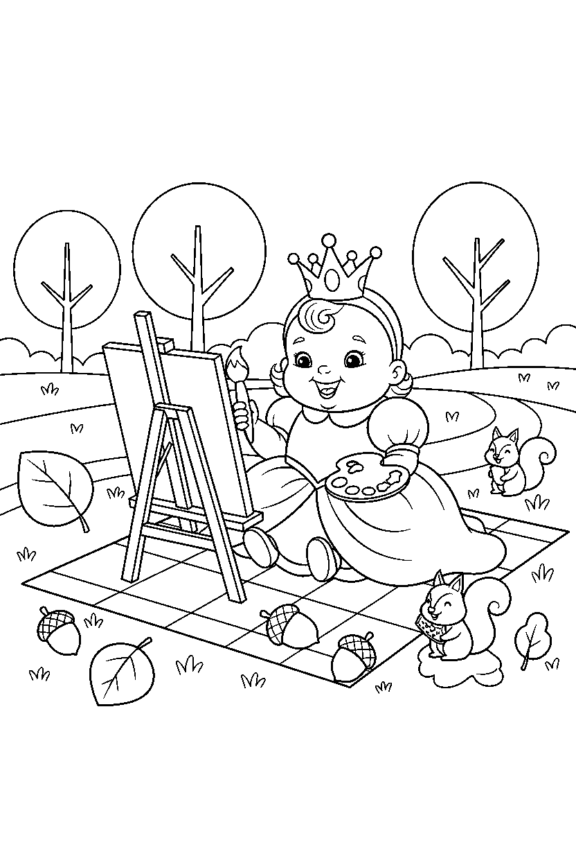 baby princess painting happily in an autumn park line art