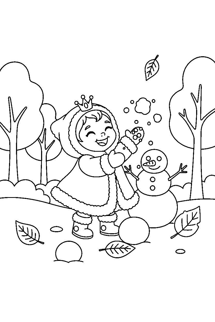 baby princess playing in the snow in an autumn park line art