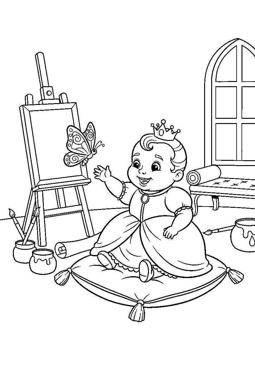 baby princess playing with a butterfly in a royal art room line art