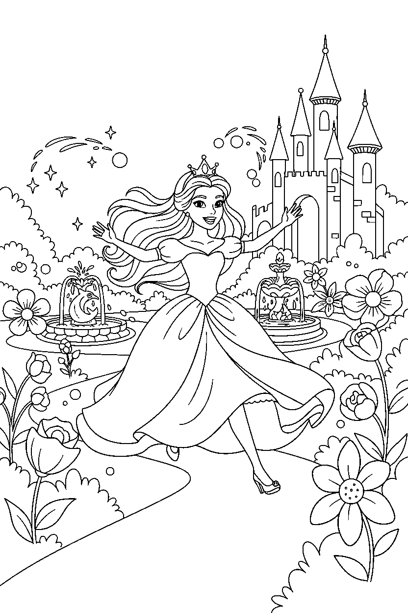 ballroom princess running happily in a magical castle garden line art