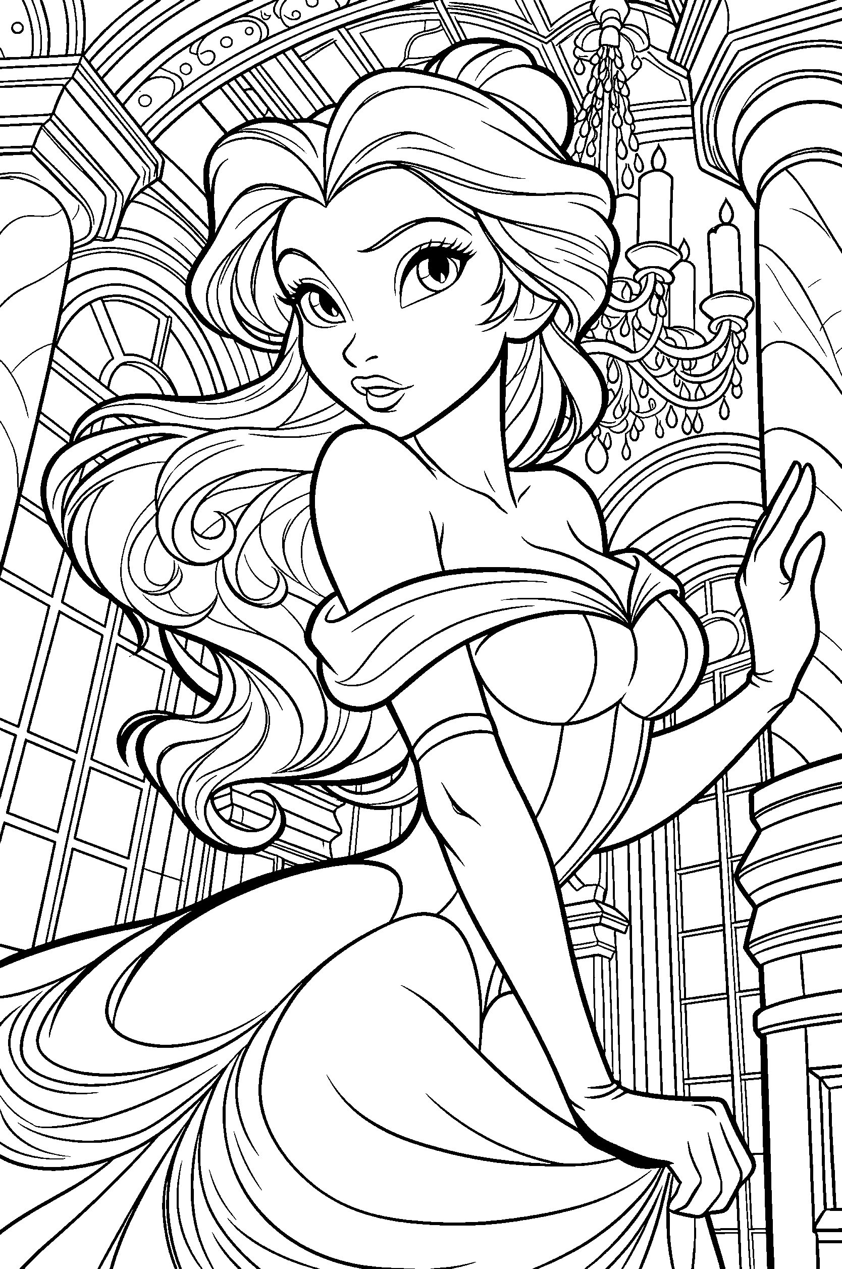 beautiful princess belle in the grand ballroom elegant fairy tale line art