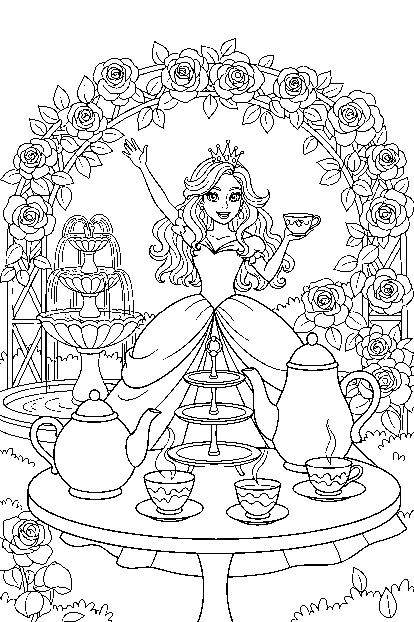 beautiful princess celebrating happily in a royal tea garden line art