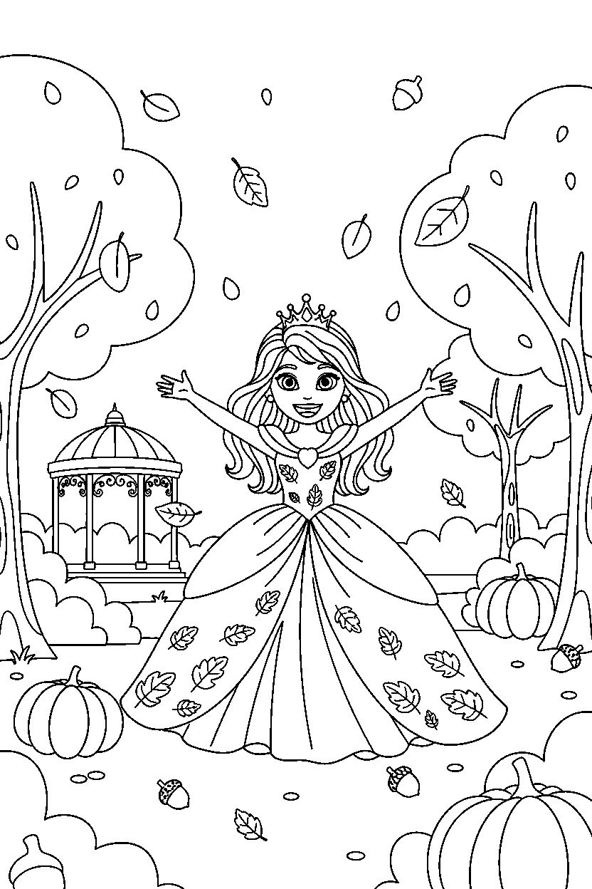 beautiful princess celebrating happily in an autumn park line art