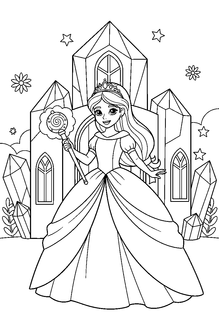 beautiful princess holding a magic item in a crystal palace line art