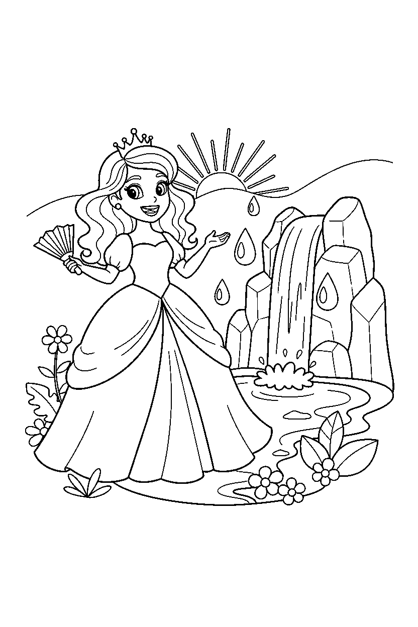 beautiful princess looking happily near a waterfall line art