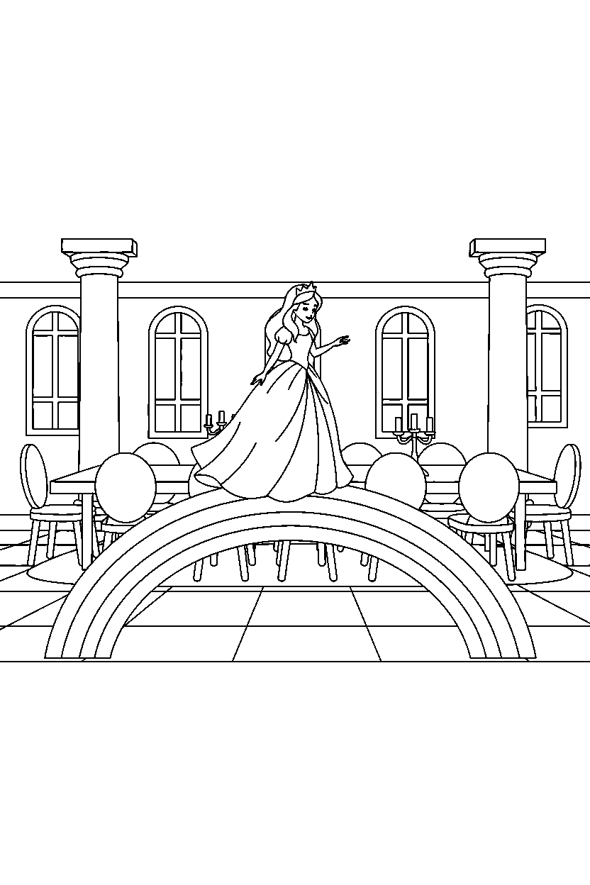 beautiful princess walking on a rainbow in a royal dining hall line art