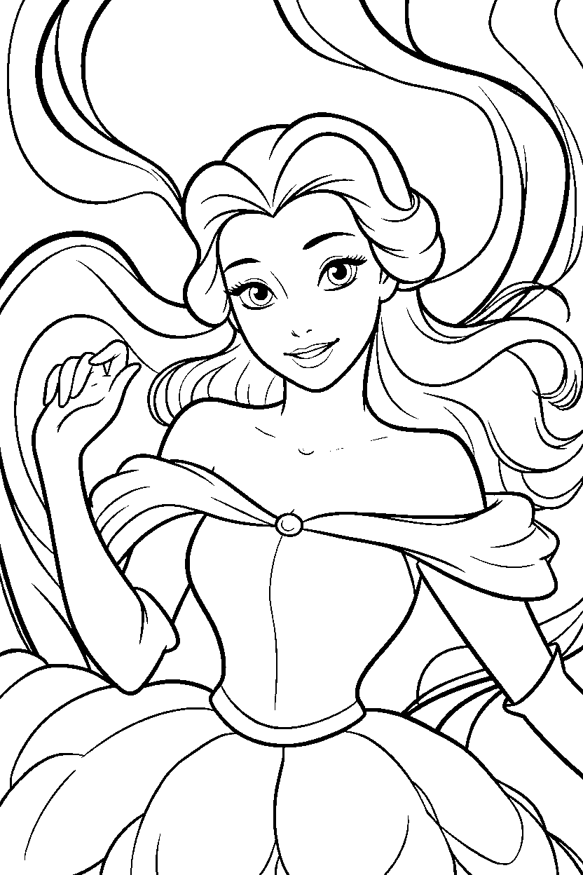 belle flowing hair portrait line art