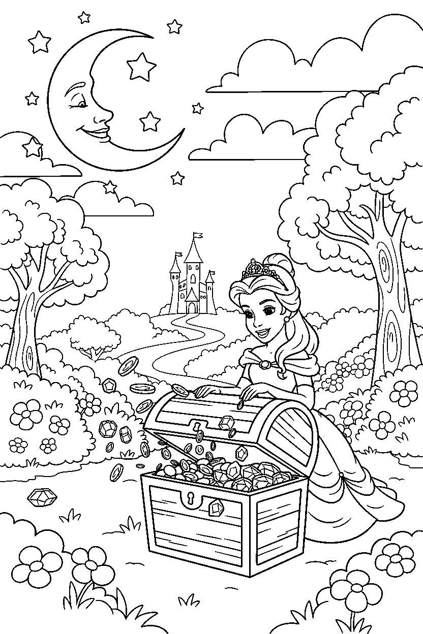 belle princess opening a treasure in a moonlit garden line art