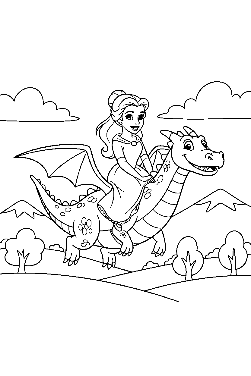 belle princess riding happily in a dragon valley line art