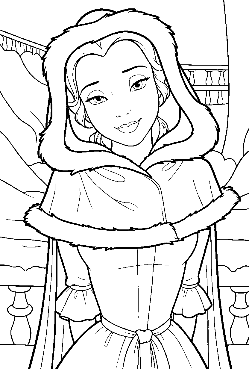 belle winter hooded cloak line art