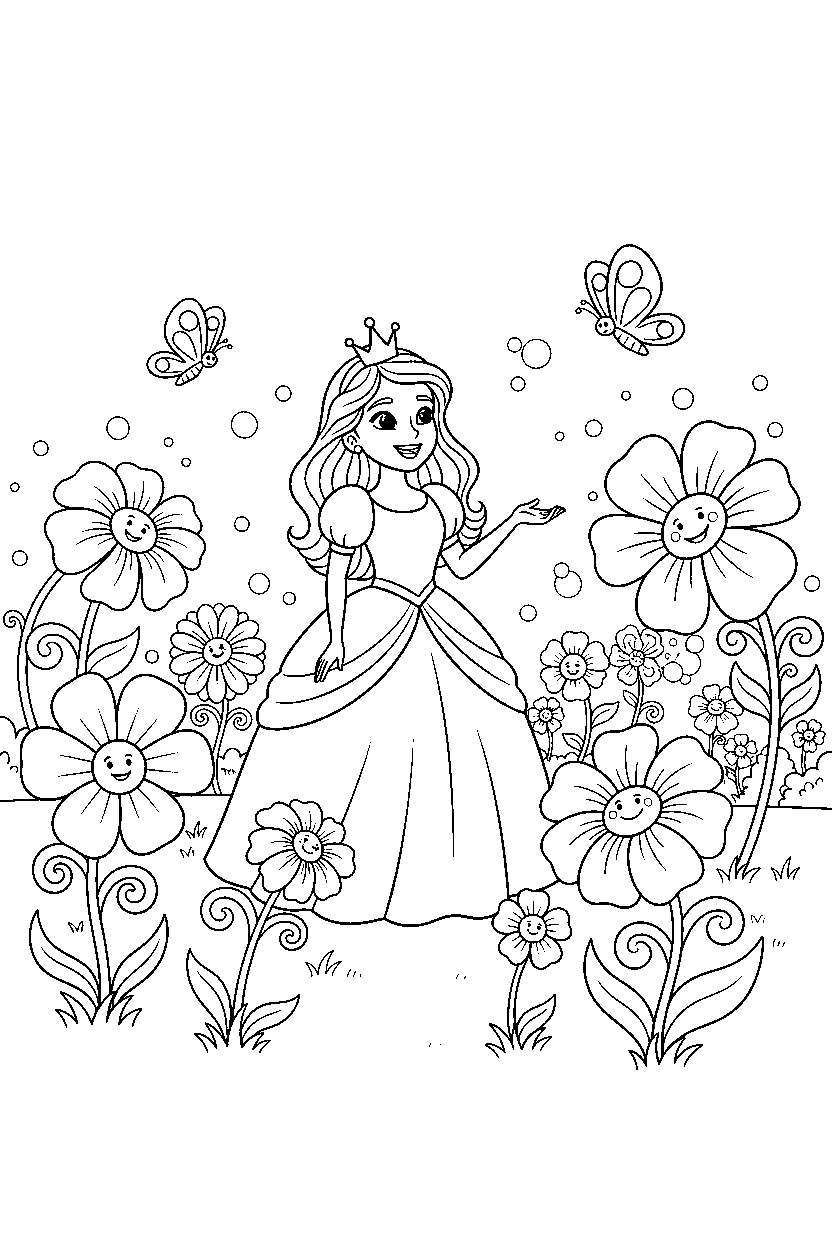 birthday princess looking happily in a magic flower field line art