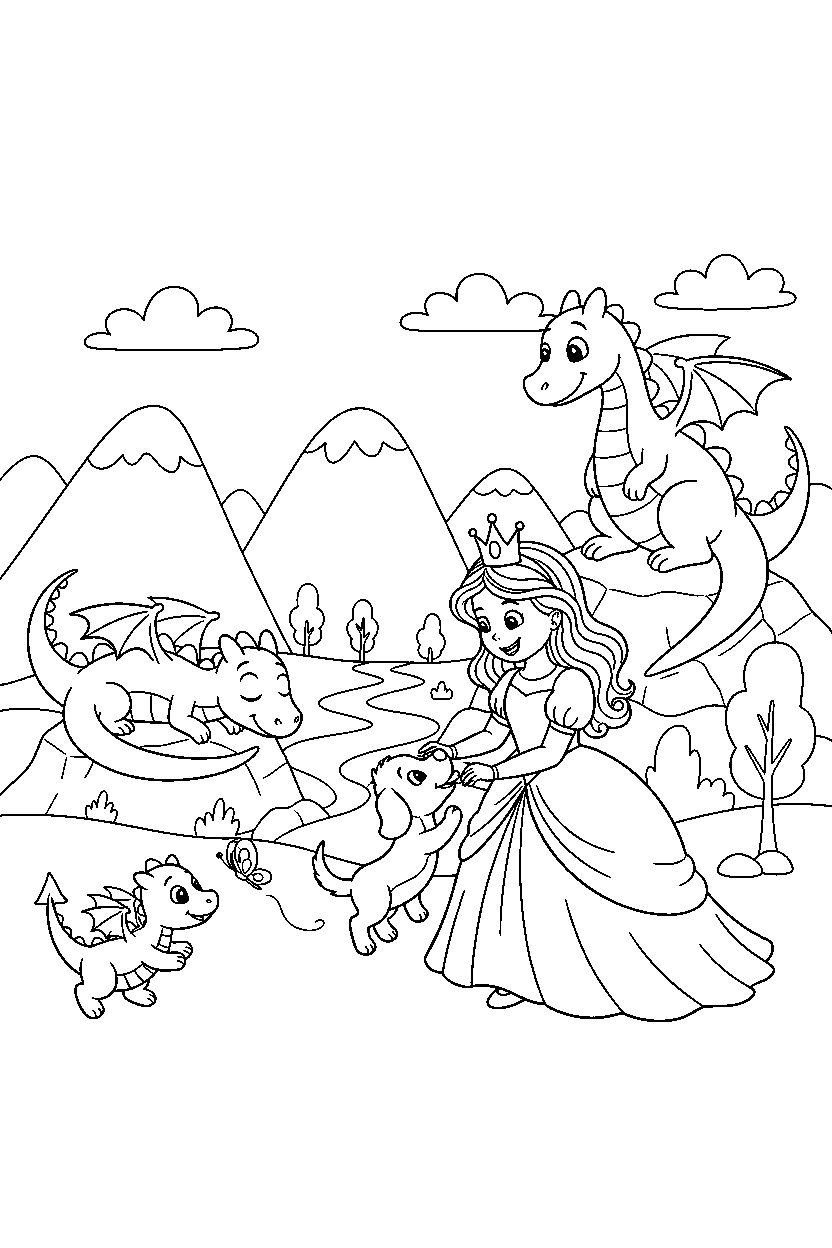 birthday princess playing with a puppy in a dragon valley line art
