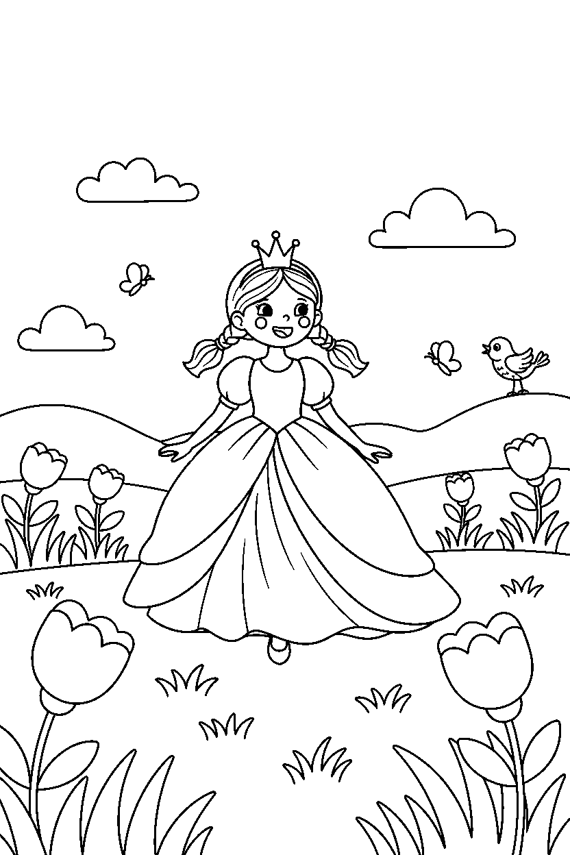 birthday princess walking happily in a peaceful meadow line art