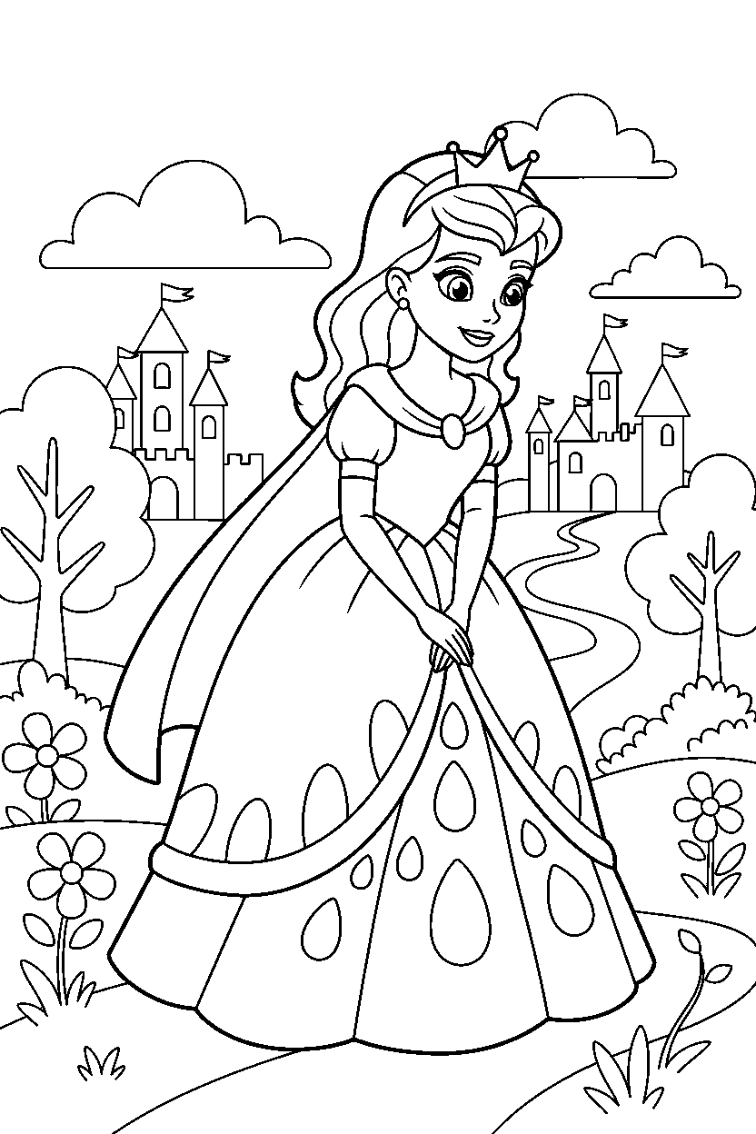 brave princess curtsying politely in a fairy tale kingdom line art