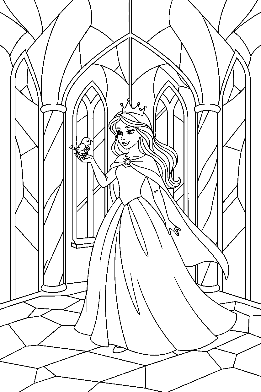 brave princess feeding a bird in a crystal palace line art