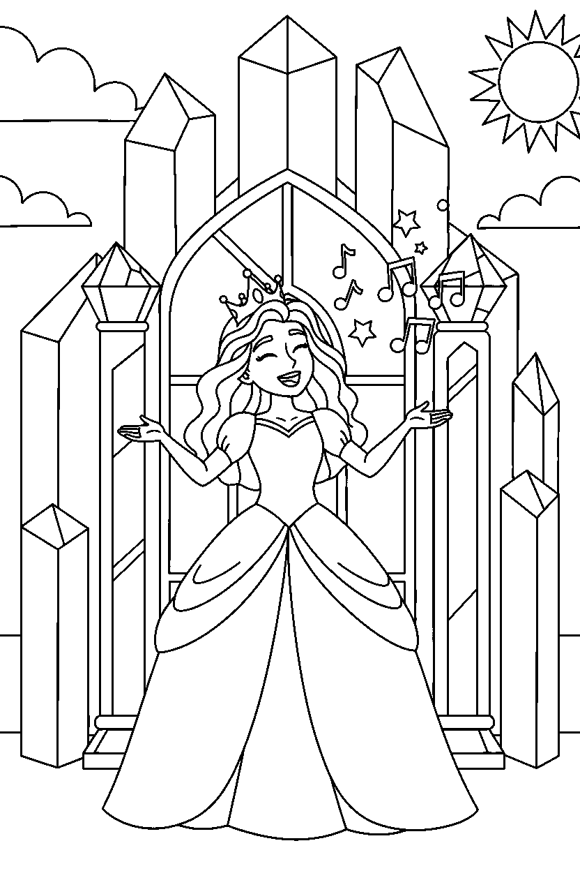 brave princess singing happily in a crystal palace line art