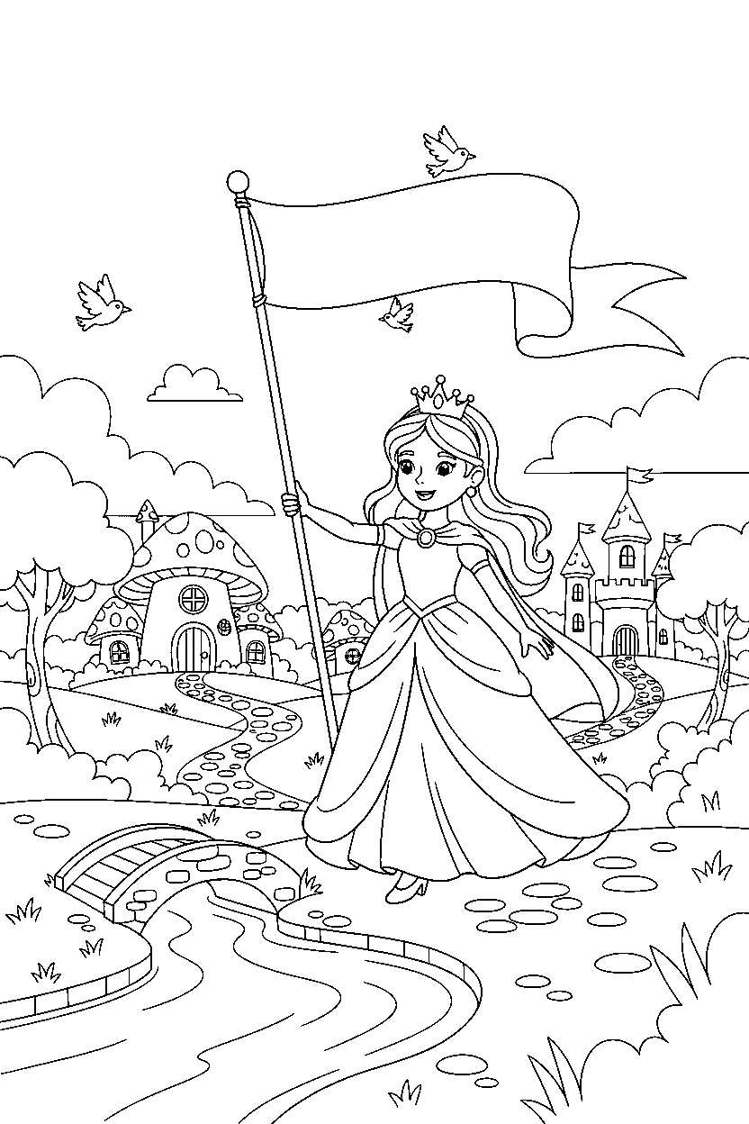 brave princess walking happily in a storybook village line art