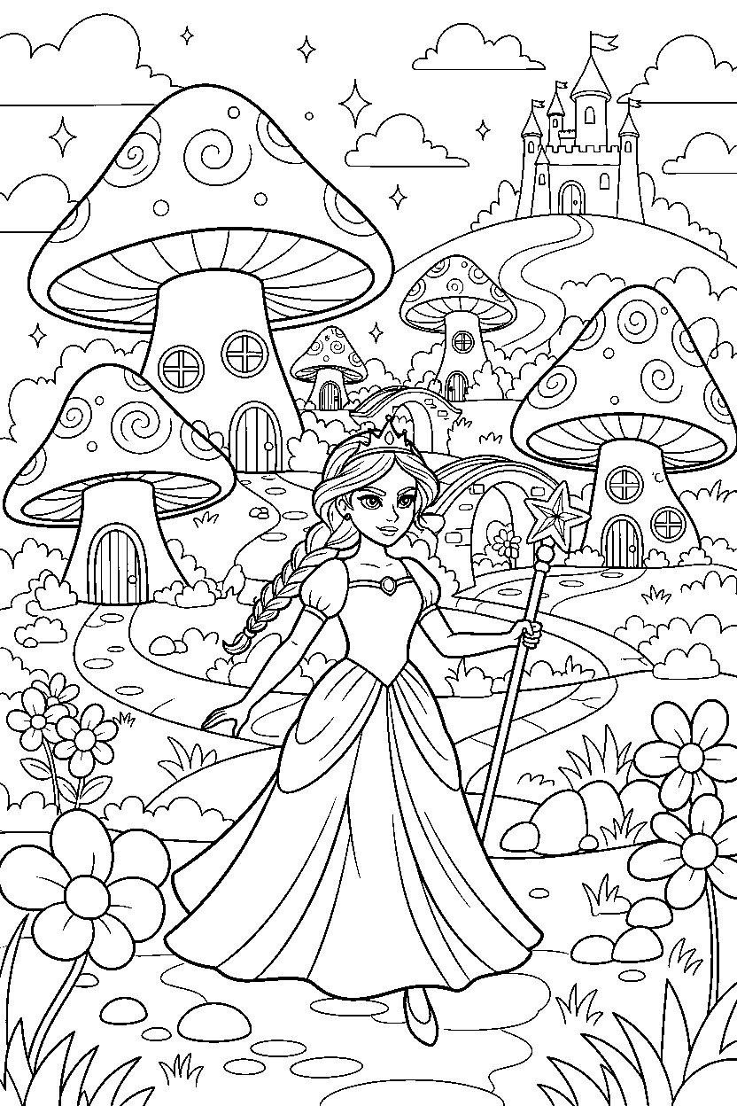 brave princess walking proudly in a fairy village line art