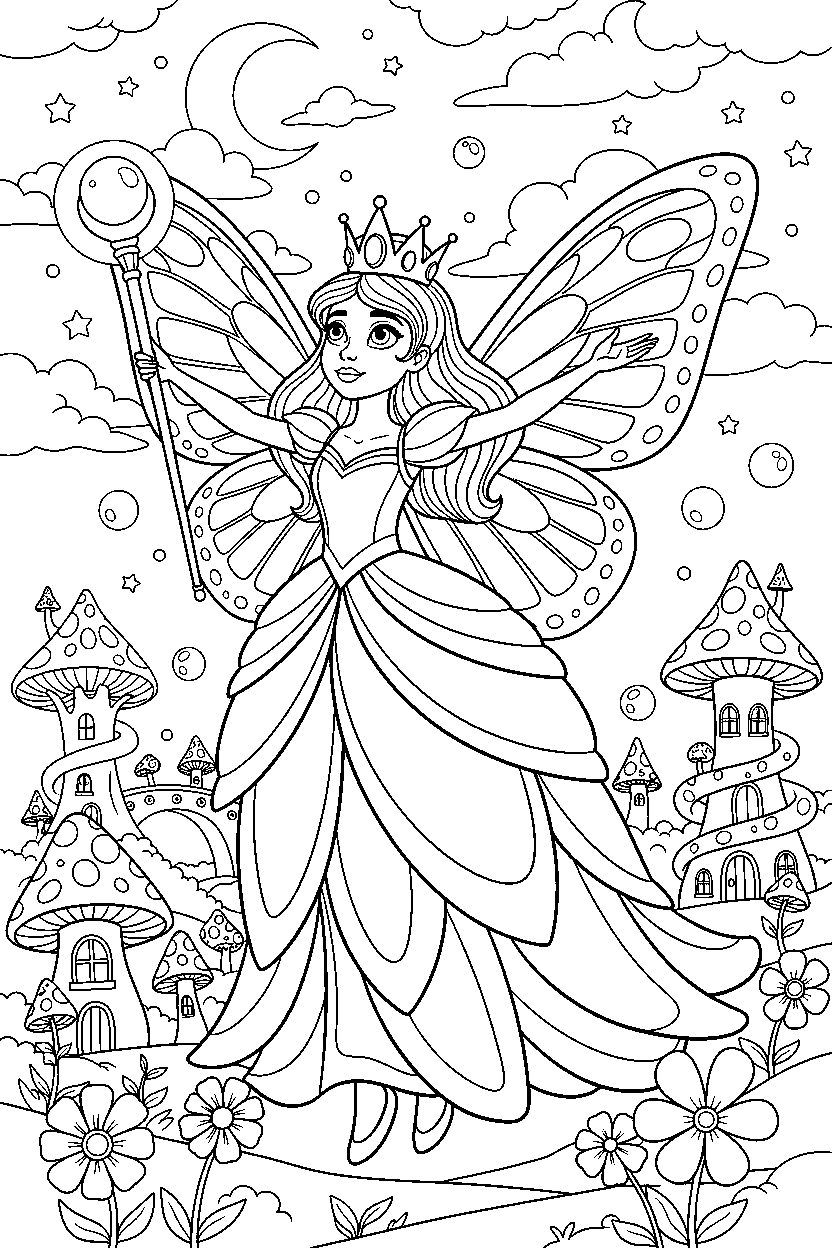 butterfly princess looking at the sky in a magic village line art
