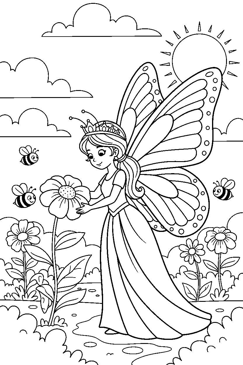 butterfly princess picking a flower in a summer garden line art
