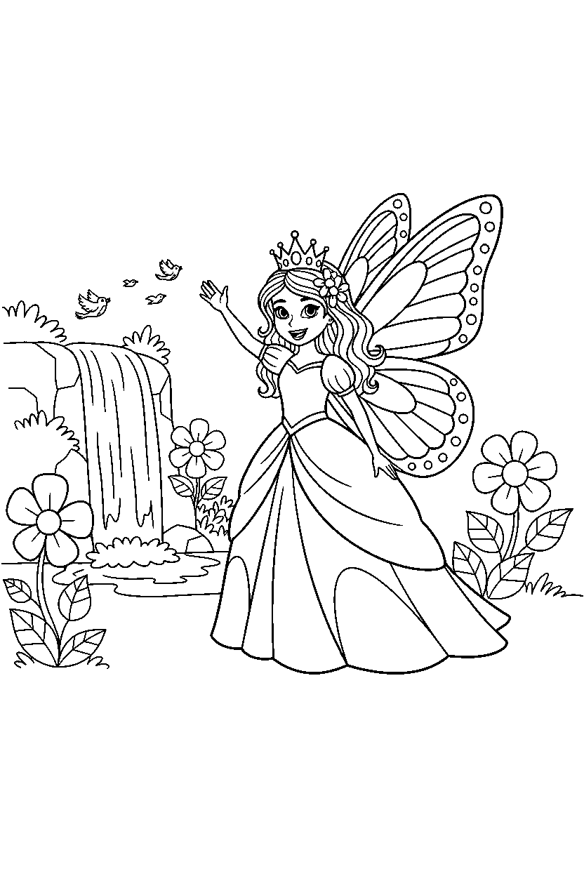 butterfly princess waving happily near a waterfall line art