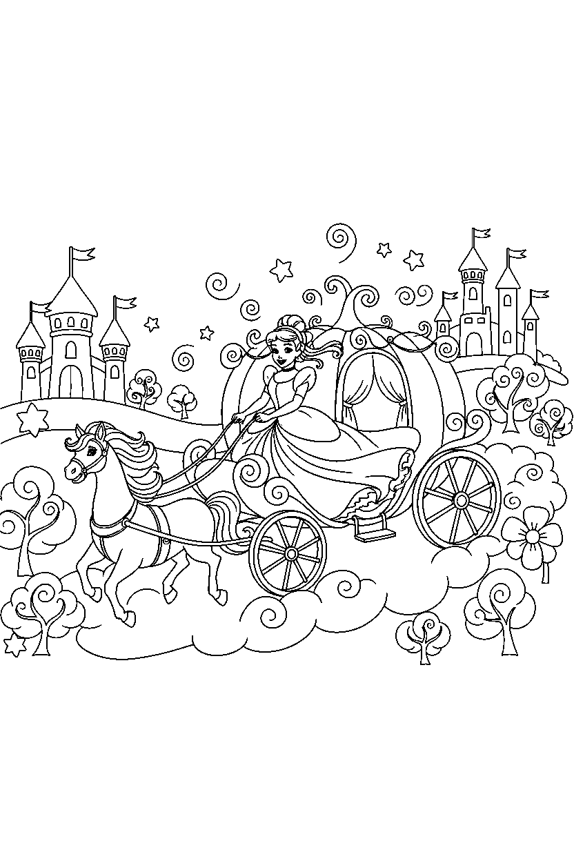 cinderella princess riding happily in a dreamy kingdom line art