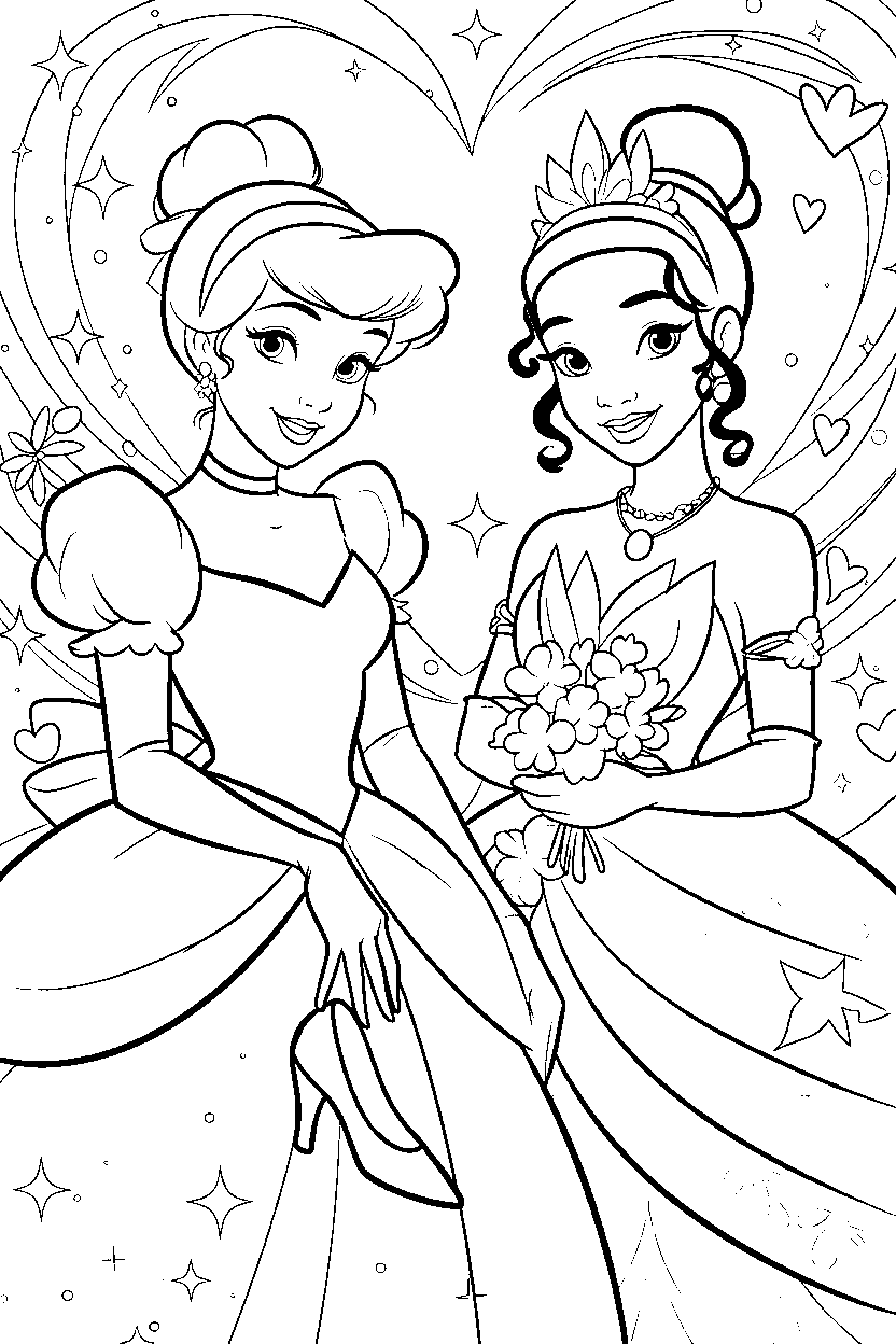 cinderella tiana best friends line art