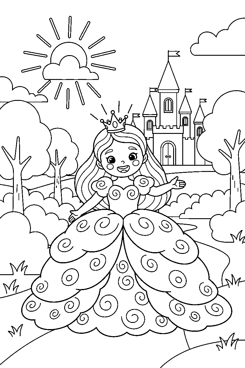 cloud princess greeting happily in a royal castle garden line art