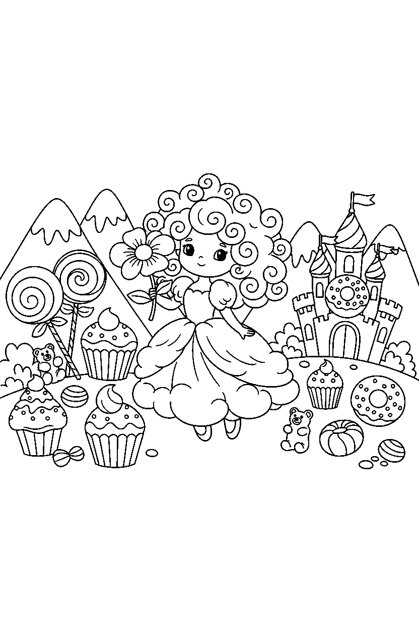 cloud princess holding a flower in a candy kingdom line art