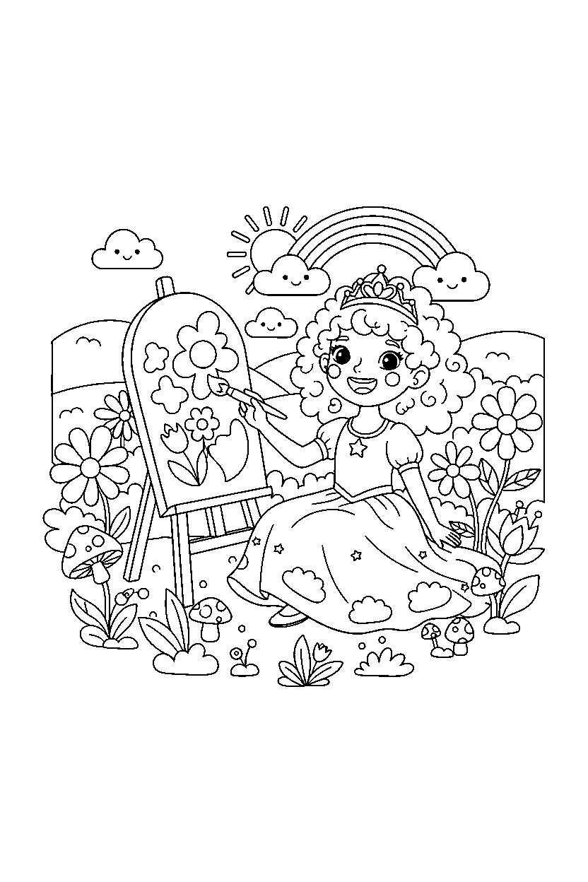 cloud princess painting happily in a flower garden line art