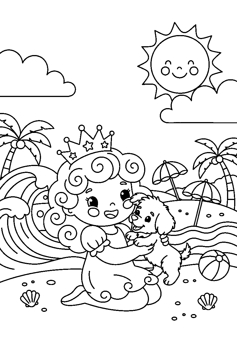 cloud princess playing with a puppy on a sunny beach line art