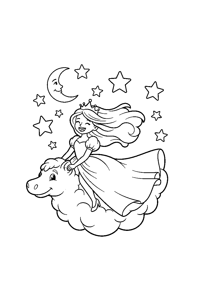 cloud princess riding happily under a starry sky line art