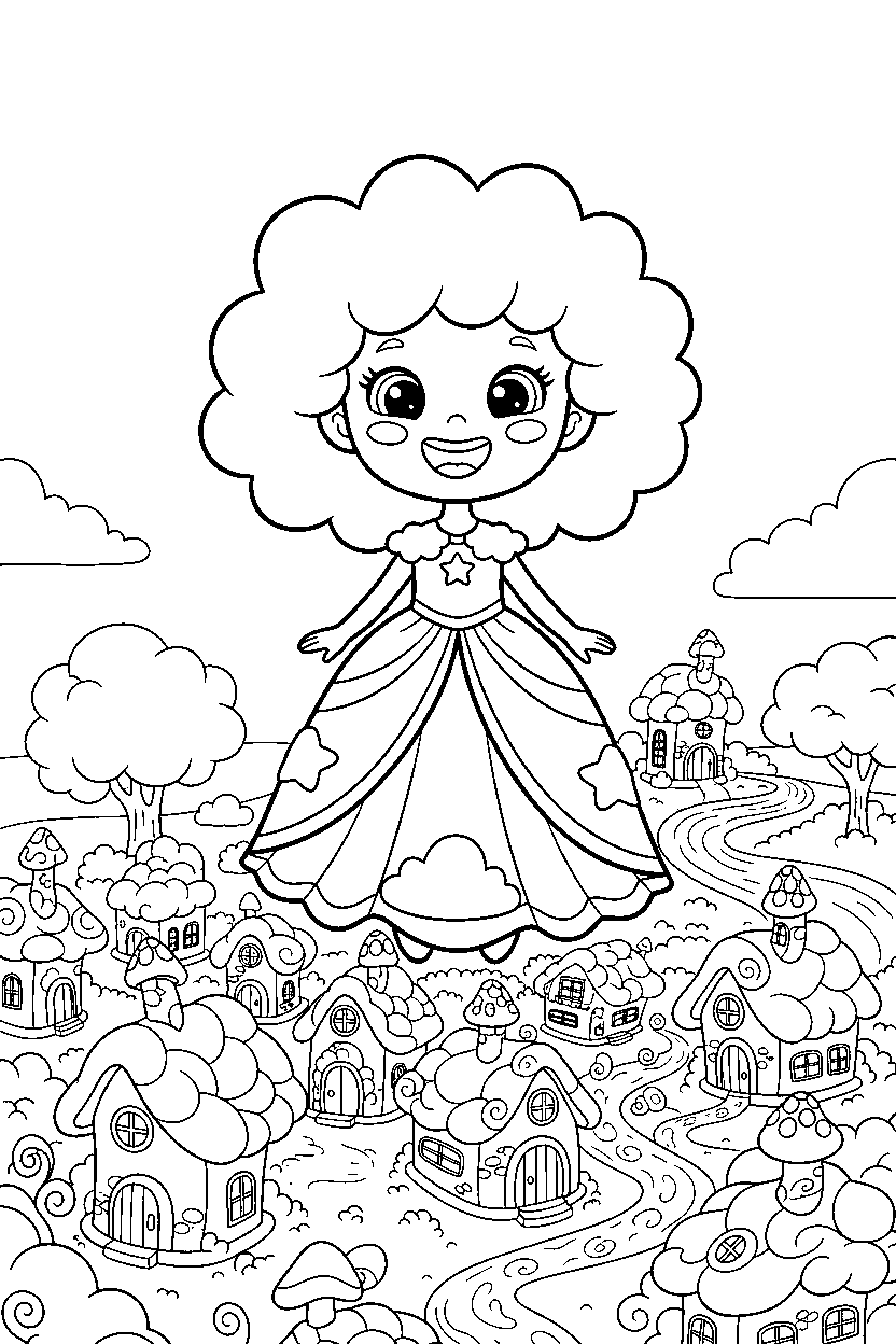 cloud princess smiling happily in a storybook village line art