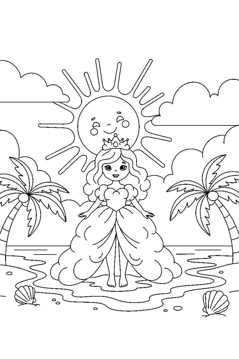 cloud princess smiling happily on a sunny beach line art
