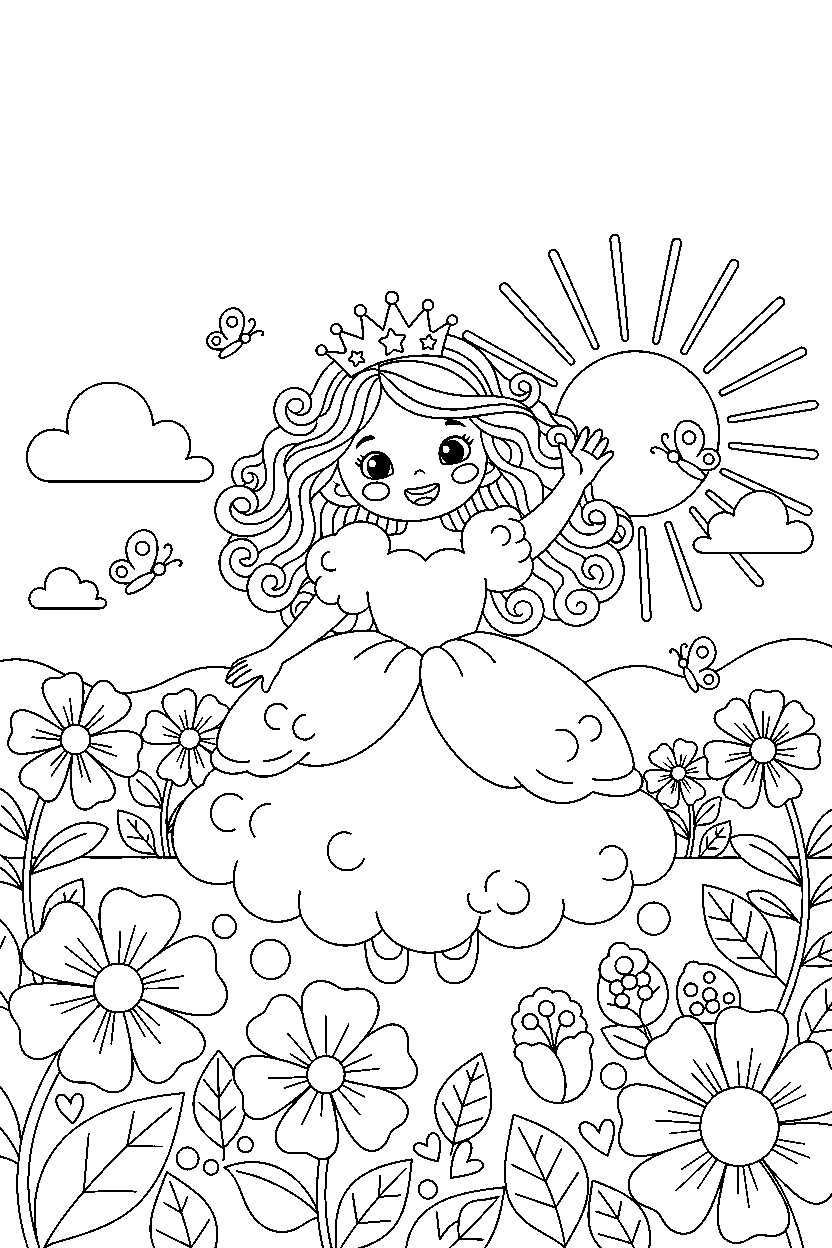 cloud princess waving happily in a flower garden line art
