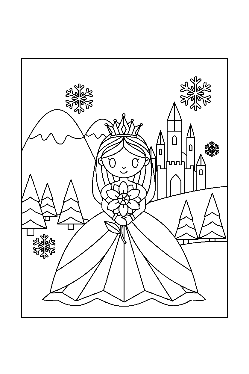 crystal princess holding a flower in a snowy kingdom line art