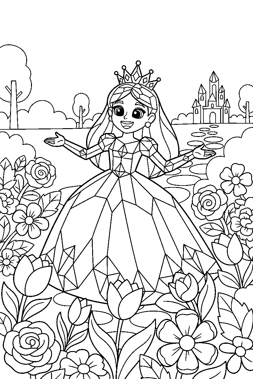 crystal princess looking happily in a flower garden line art