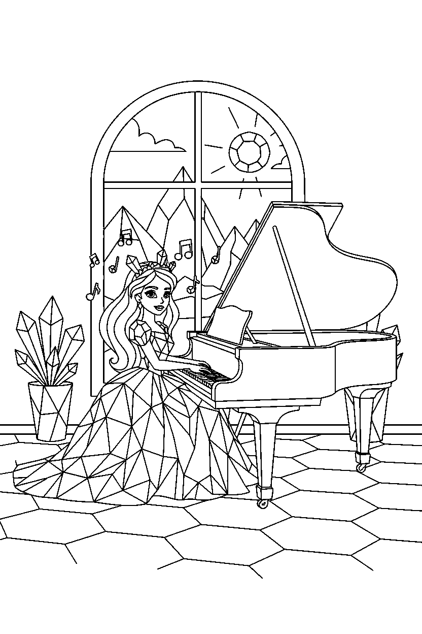 crystal princess playing music in a music room line art