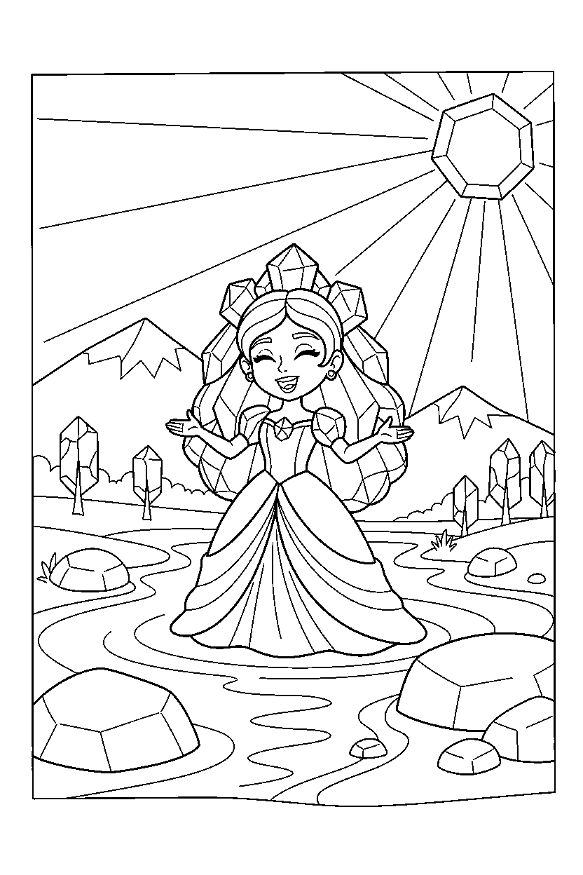 crystal princess singing happily near a peaceful lake line art