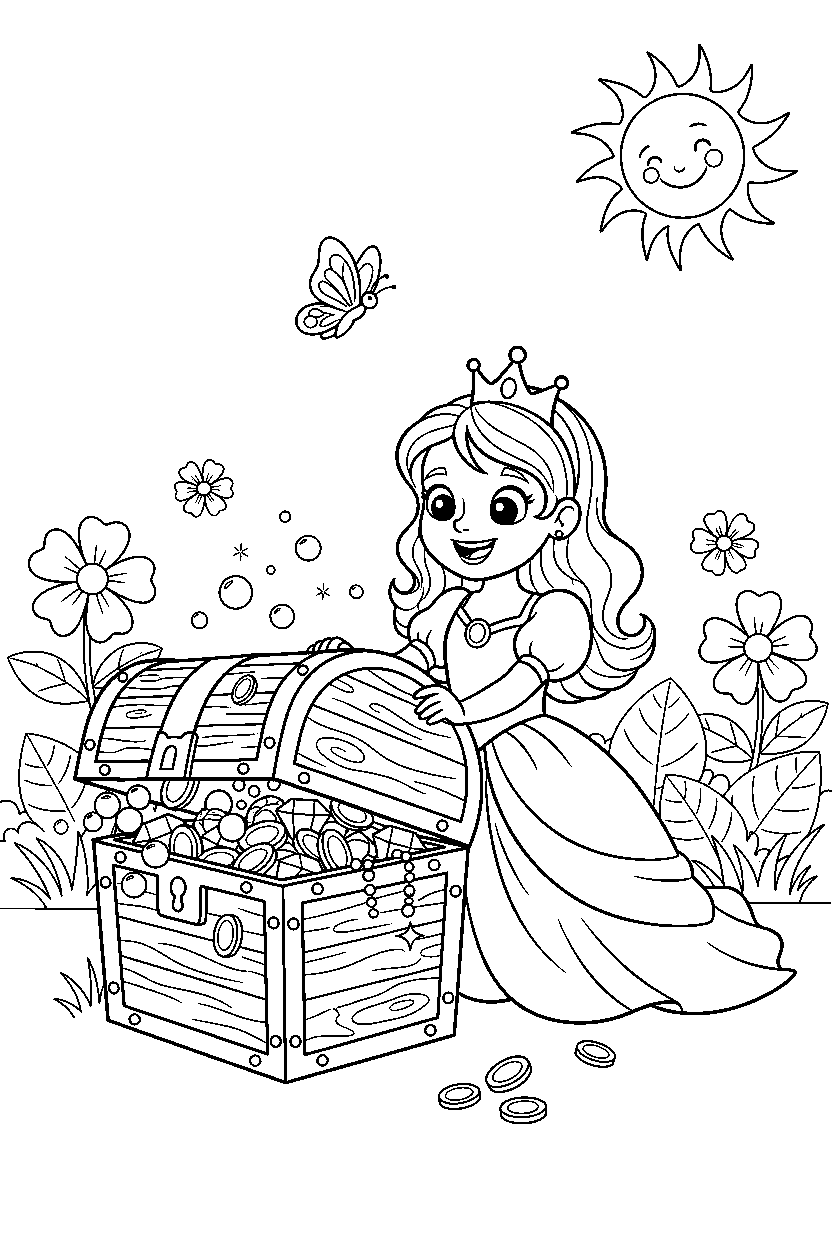 cute princess opening a treasure in a summer garden line art